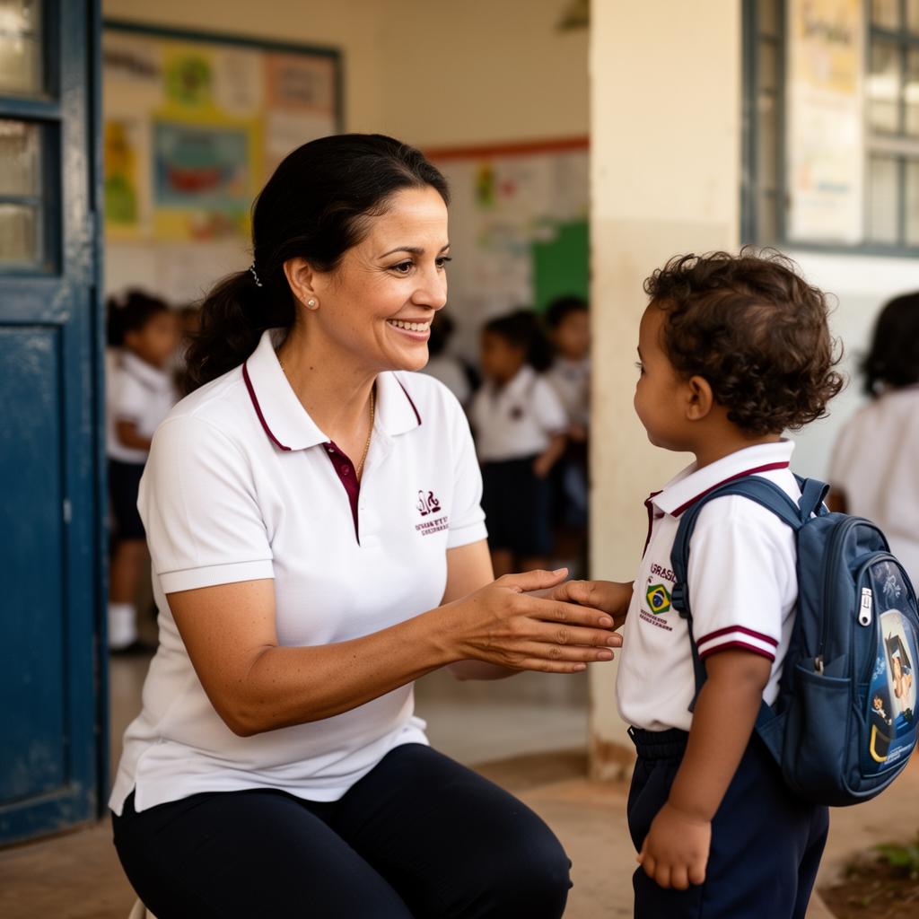 Professora acolhendo alunos em sala de aula